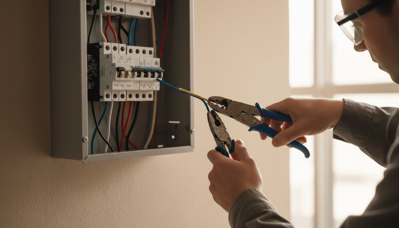 Electrician carefully connecting wires to a residential electrical panel