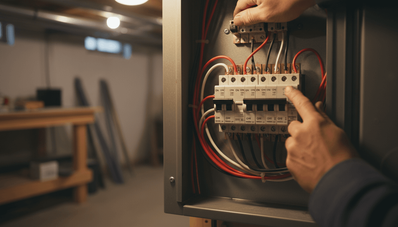Electrician inspecting residential electrical panel
